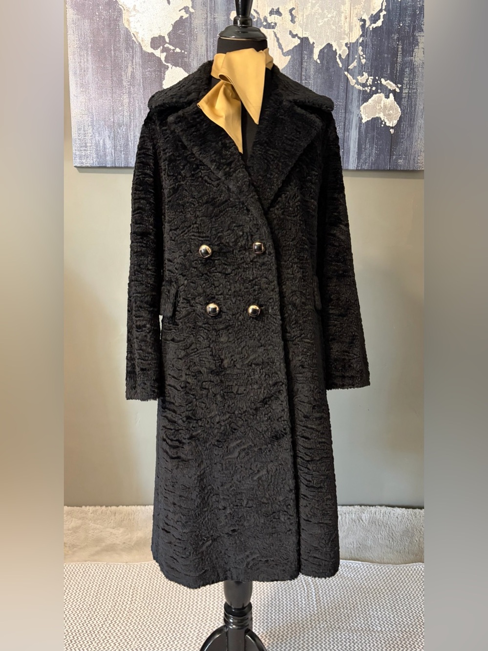 Vintage Sycamore Black Textured Long Coat Gold Lining Union Made